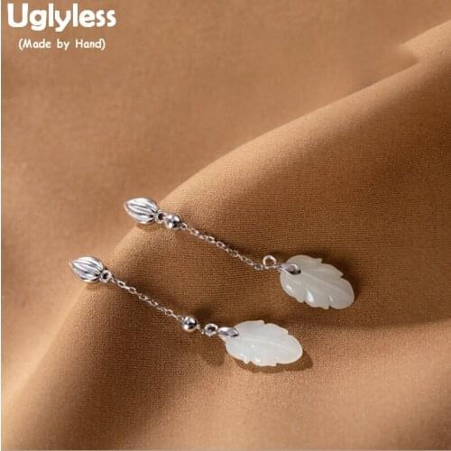 Uglyless Solid 925 Sterling Silver Lotus Earrings for Women Natural Jade Leaf Dangle Earrings Elegant Lady Dress Brincos E1421