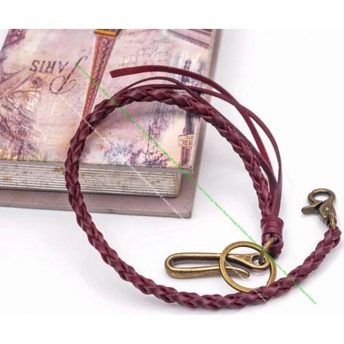 20" Brown Veg Full Grain Leather Handmade Strong Braided Trucker Motocycle Jeans Wallet Chain Key Holder With Brass U HOOK