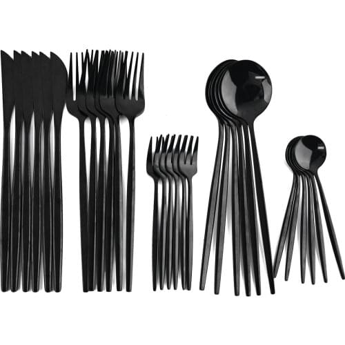 30Pcs Black Cutlery Set Stainless Steel Dinnerware Set Fruit Cake Fork Flatware Kitchen Gold Tableware Set Silverware Table Set