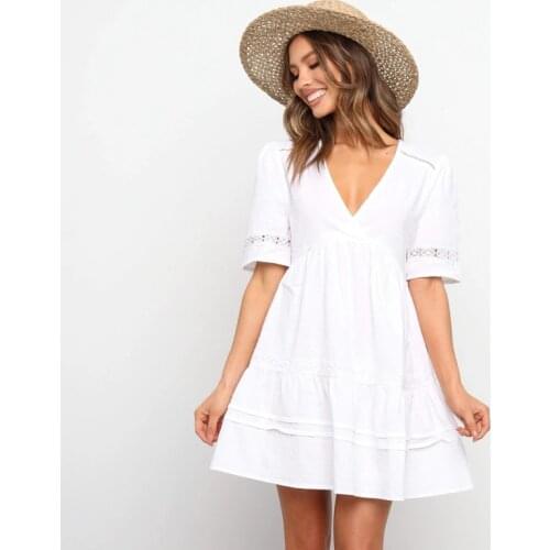 Ardm Fashion V Neck White Short Sleeve Summer Dress Elegant High Waist Splicing Lace A Line Mini Dresses For Women Praty