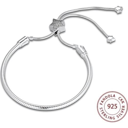 Authentic 100% 925 Sterling Silver Pave Star Slider Snake Chain Bangle & Bracelet for Women Luxury Jewelry DIY Gift Pulseras