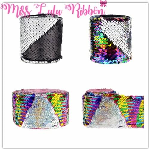 3"75mm Double Color Reversible Sequin Ribbon Hologram Silver&Colorful DIY Hair Bowknots Bride Dress Decor 25yards/roll