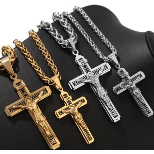 Catholic Jesus Christ on INRI Cross Crucifix Gold/Silver Tone stainless steel Pendant Necklace 24inches