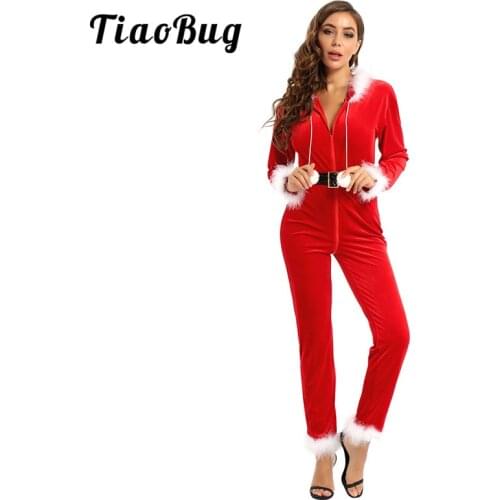 Christmas Costume Women Long Sleeve Velvet Hooded Jumpsuit with Belt Winter Xmas Clothes Holiday Santa Cosplay Party Dress Up