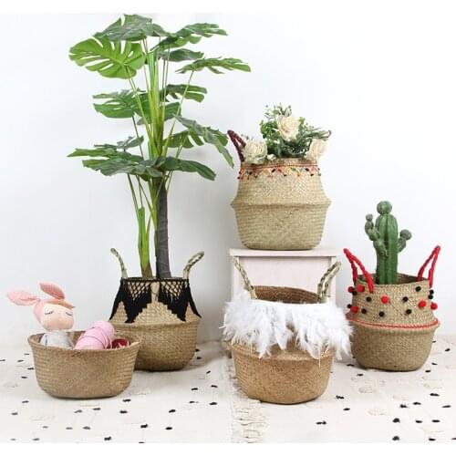 Macrame Woven Storage Basket Wicker Basket Seaweed Laundry Basket Natural Rattan Flower Basket Plant Basket Toy Storage