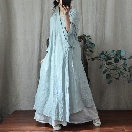 QPFJQD Ladies Chinese Style Bandage Dresses V-Neck Solid Color Women Retro A-Line Women Linen Robes Dresses Spring Autumn
