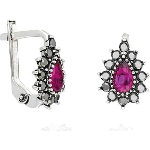 Silver stem ruby and marcasite cubic zirconia drop earrings
