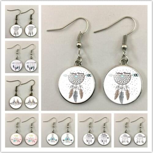 Feather dream catcher pendant earrings glass photo cabochon pendant earrings fashion party birthday gift ladies earrings