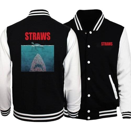 Straws Jaws Baseball Men Shark Tortoise Jackets Coat Winter Autumn Sportswear Straws Suck End Plastic Pollution Poster Plus Size