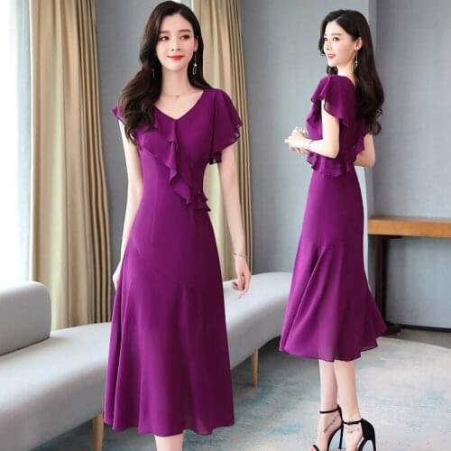 Party Dress Women Summer Short Lace Sleeves Long A-line Chiffon Ruffle Sukienki Sukienka Vintage Vestido Mujer 8445