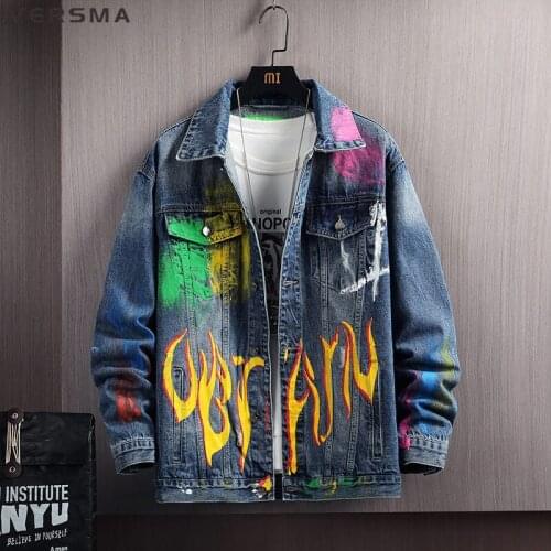 VERSMA Korean Trendy Color Graffiti Print Denim Jacket Men Autumn Hip Hop Streetwear Motorcycle Ripped Jeans Jacket Dropshipping