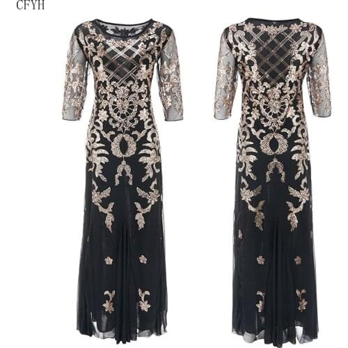 Vintage 1920s Long Formal Dress See-Through Half Sleeve Embroidery Floral Sequin Party Dress Sexy Maxi Dress Vestido