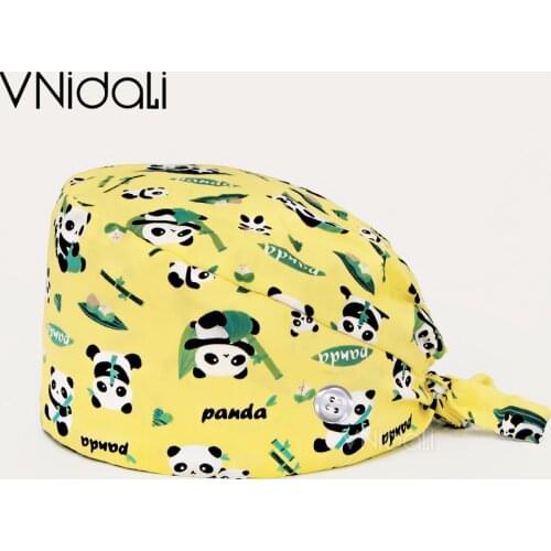High Quality cartoon Cute panda printing Scrub hat pet shop lab working hat with Sweat band beauty salon Dental unisex Scrub Cap