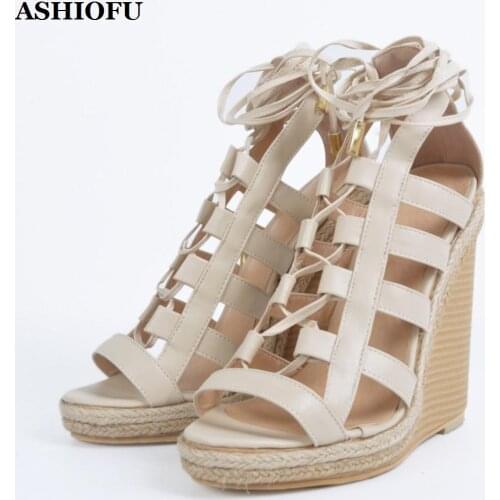 ASHIOFU Retro Handmade Womens Wadge Heel Sandals Crosscriss Party Prom Summer Shoes Large Size Fashion Evening Sandals Shoes