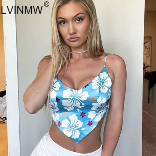 LVINMW Camis Back Lace Up Floral Sexy Slim Fashion Crop Top Sleeveless Backless Casual Flower Printed Tops Irregular Navel