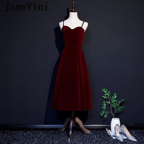 JaneVini 2019 Simple Burgundy Cocktail Dresses Plus Size Spaghetti Straps A Line Velvet Sexy Open Back Tea-Length Cocktail Jurk