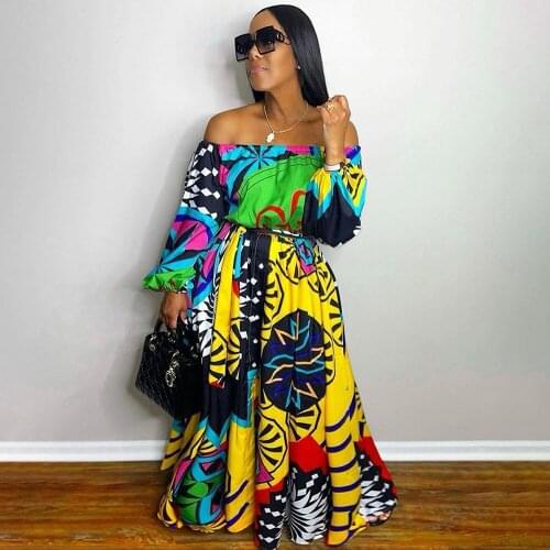 Aesthetic Print Autumn Fit and Flare Dress Women Slash Neck Long Sleeve Pleated Dresses Vintage Off Shoulder Backless Vestidos