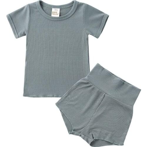 2021 Toddler Baby Boys Girls Summer Clothing Newborn Kids Baby Girls Ribbed Knitted Short Sleeve T-shirts+Shorts Tracksuits Sets