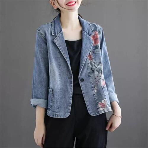 2021 Spring Autumn New Vintage Denim Print Blazer Coat Womens Plus Size Casual Single Button Outwear Slim Short Denim Jacket