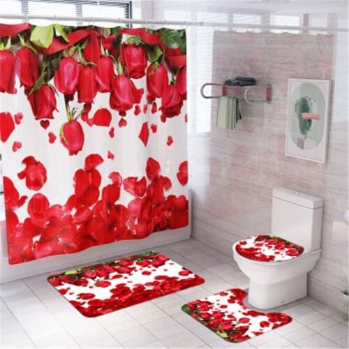 4Pcs/set Bathroom Mat Set Non-slip Valentines Day Rose Petals Bath Mat Shower Curtain Floor Mat Washable Bathroom Toilet Rug