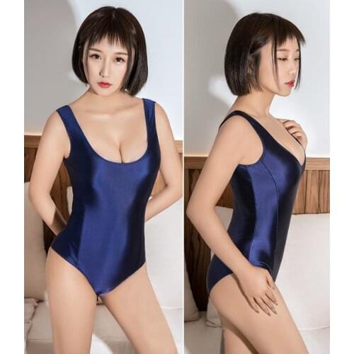 Oil Glossy Shiny High Elastic Zipper Open Crotch Bodysuit Cosplay Sukumizu Tights Body Shaping Bathing Swimming Costume Swimwear