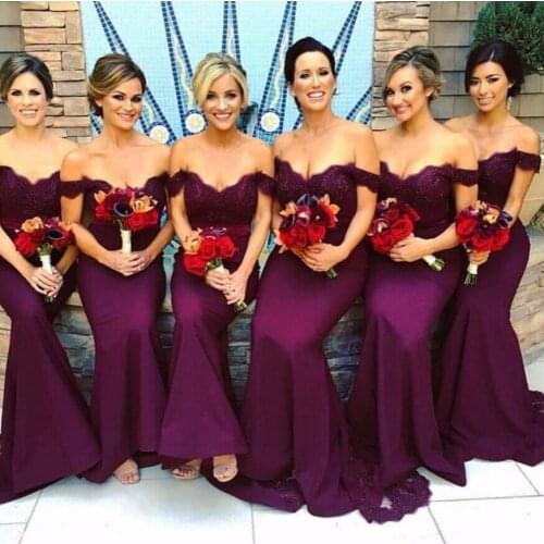 Burgundy 2019 new Mermaid Off the Shoulder Satin Lace Long Cheap Bridesmaid Dresses Wedding Party Dresses With Train plus size