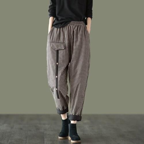New Arrival Autumn Arts Style Women Elastic Waist Loose Casual Pants Cotton Linen Plaid Vintage Harem Pants Plus Size V175