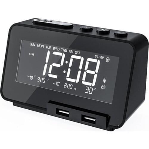 Black Wireless Speaker USB Charging With FM Radio, Mini Portable Alarm Clock Sound Desktop Bedside Audio US/EU/UK Plug