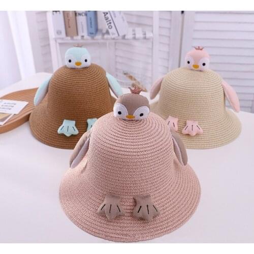 Childrens Sun Protection Hats Cartoon Brid Ears Summer Bucket Hat Outdoor Travel Beach Girls Braided Straw Cap For Baby