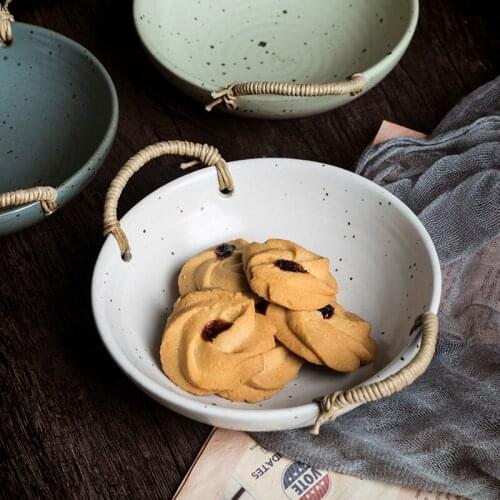 European Stoneware Binaural Hot Bowl Handmade Retro Tableware Creative Japanese Fruit Salad Dessert Bowl Restaurant Dinner Plate