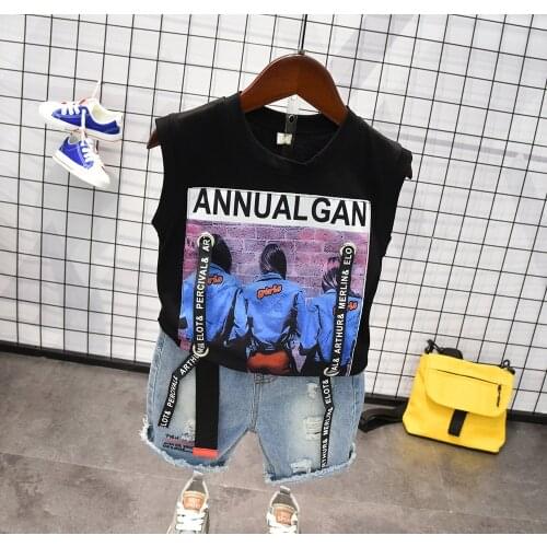 2020 New Infant Boys Summer Cartoon Striped T Shirt + Denim Shorts Clothes 2pcs Sets Children Kids Hole Jeans Clothing 2-6years