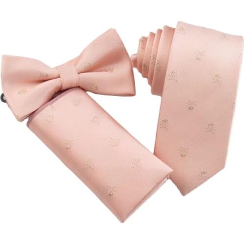 Light orange pink tie set gold skull bowtie small pocket towel fashion shallow pink narrow ties cravata mens necktie