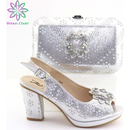 Beautiful silver Shoe and Bag Sets Italian Shoes and Bags Set for party African Matching Shoes and Bags