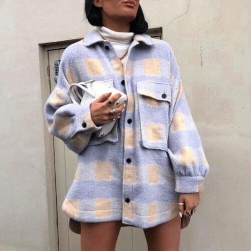 TEELYNN Violet plaid Overshirt women Jackets Vintage Long Sleeve Casual Autumn Winter Warm Streetwear Blend Outwear Tweed Coat