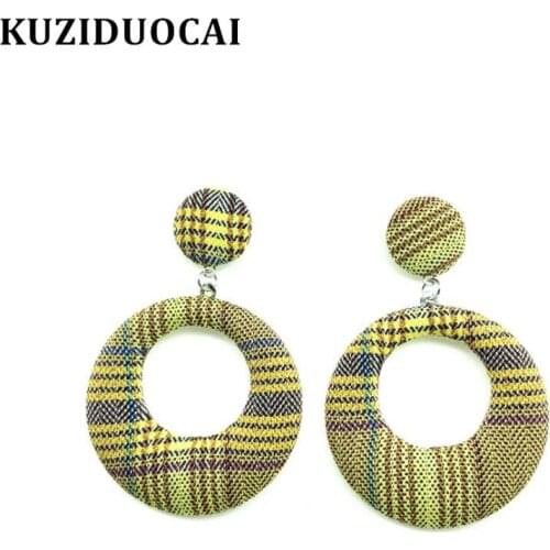 Kuziduocai New Fashion Jewelry Bohe Cotton Cloth Plaid Stripe Round Statement Drop Earrings For Women Brincos Pendientes E-869