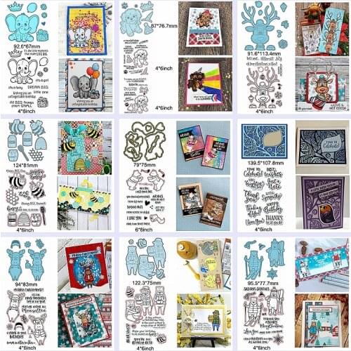 Mix Cute Animals Bee Dog Deer Elephant Bear Letter Flower Christmas Winter Metal Cutting Dies Match Clear Silicone Stamps Cards
