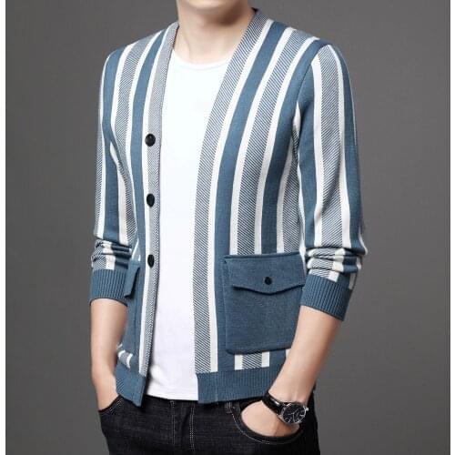 2021 Mens Long Sleeve Striped Army Green Cardigan Sweater Youth Light Blue Fashion Cardigan Sweater