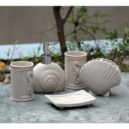 Shell Shape Bathroom Accessories Set Resin Toothbrush Holder Toothpaste Dispenser Cup Soap Dish Bathroom Decoration Accessories