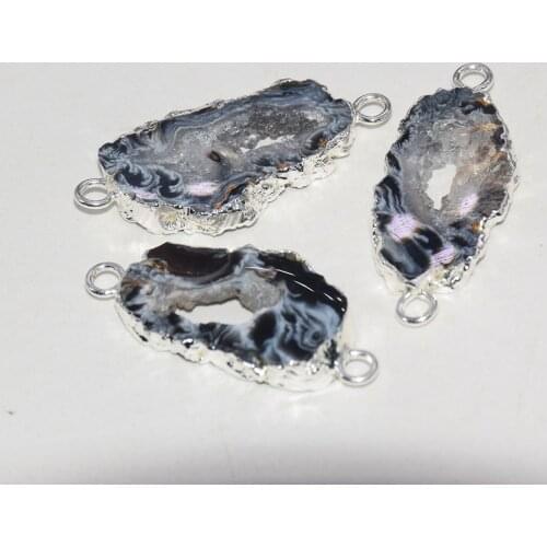 Natural Geode Druzy Stone Connector for Jewelry making 2020 sliver plating Grey Hole Slice Vintage polish gem stones pendant