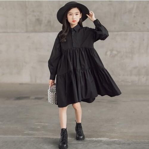 New 2021 Girls Autumn Cotton Dress Elegant Kids Shirt Dress Layered Teen Children Clothes Buttons Baby Clothing Fashion,#6453