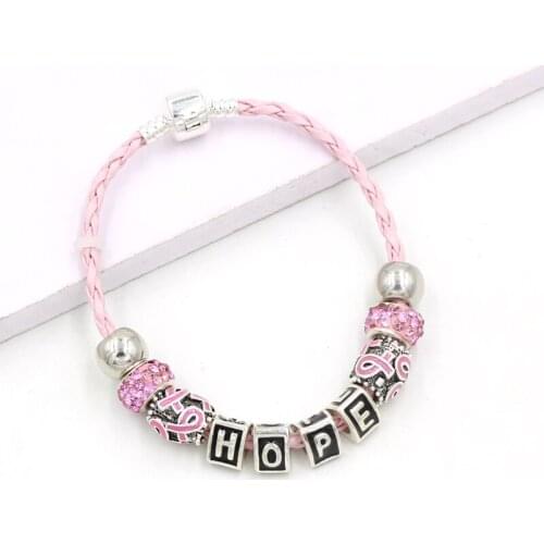 New Arrival Awareness Jewelry PU Pink Leather Rope With Pink Ribbon Bead Hope Breast Cancer Bracelets Bangles For Women Pulsera