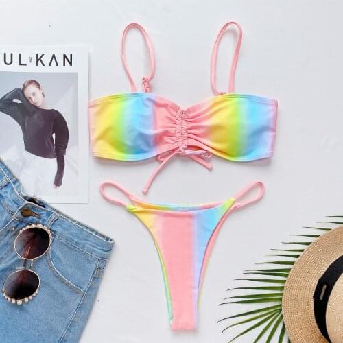 Sexy Tie Dye Gradient Print Bikini 2021 Women High Cut Bandage Push Up Triangle Swimsuit Brazilian Bathing Suit Swimwear Biquini