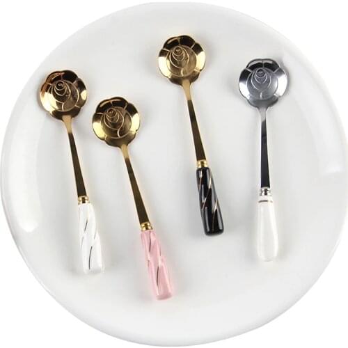 Tableware Coffee Stirring Spoon Ceramic Handle Flower Scoop Stainless Steel Gold Plated Cherry Rose Spoons Kitchen Tools