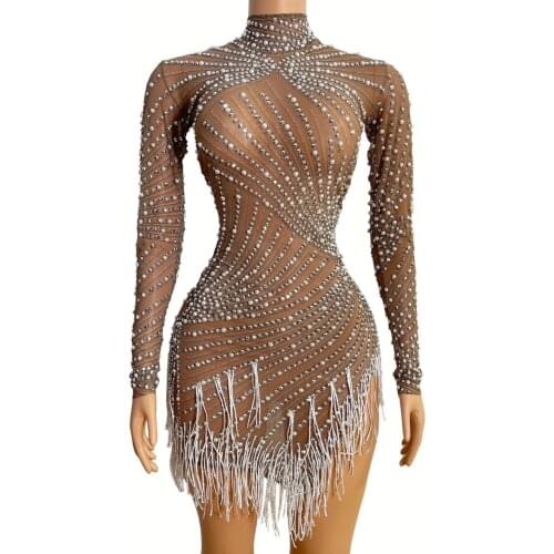 Rhinestones Pearls Fringes See Through Dress Evening Birthday Celebrate Transparent Dress Stage Performance Outfit Dance Costume