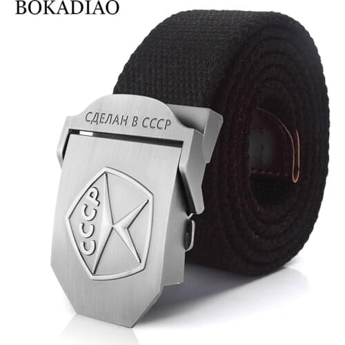 BOKADIAO Men&Women Canvas belt Vintage 3D CCCP Soviet Sign Metal buckle jeans belt Army Military tactical belts male strap Black