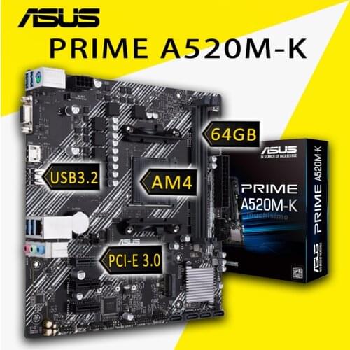 Socket AM4 Asus PRIME A520M-K Motherboard Support 3rd-Gen AMD RYZEN CPU DDR4 64GB M.2 Overlocking AMD A520 Placa-mãe AM4 New