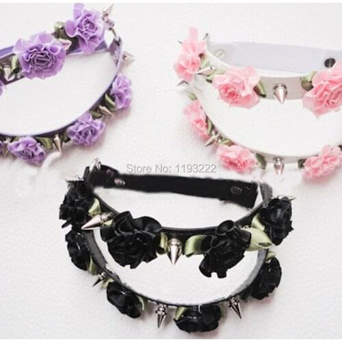 Sexy Kawaii Handcrafted Flower Leg Garter Faux Leather Knee Garter Leg Loop Punk Stud Rivet Ring