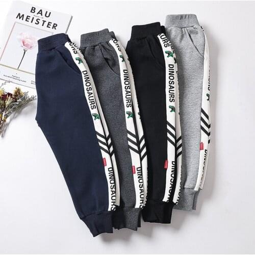 2021New 4-13Years Old Winter Warm Cotton Pant Black Stripe Plus Velvet Dinosaur Streetwear Joggers Childrens Clothing Sportwear