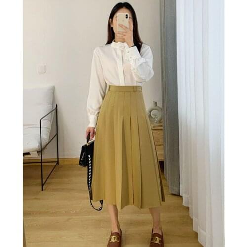 Womens Pleated Skirt Solid Elegant High-Waisted Skirt Black Casual School Girl Uniform Summer Midi Skirt Female Patchwork