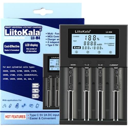 LIITOKALA LII-M4 18650 26650 14500 Lithium Battery Charger AA AAA Nickel Hydrogen Charging 4 Slots Battery Charger LCD Display